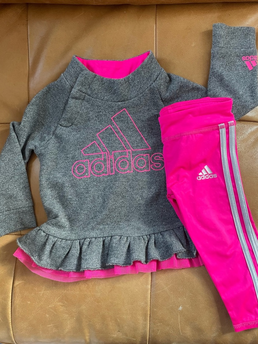 adidas Girls Gray Sweatshirt with Hot Pink leggings